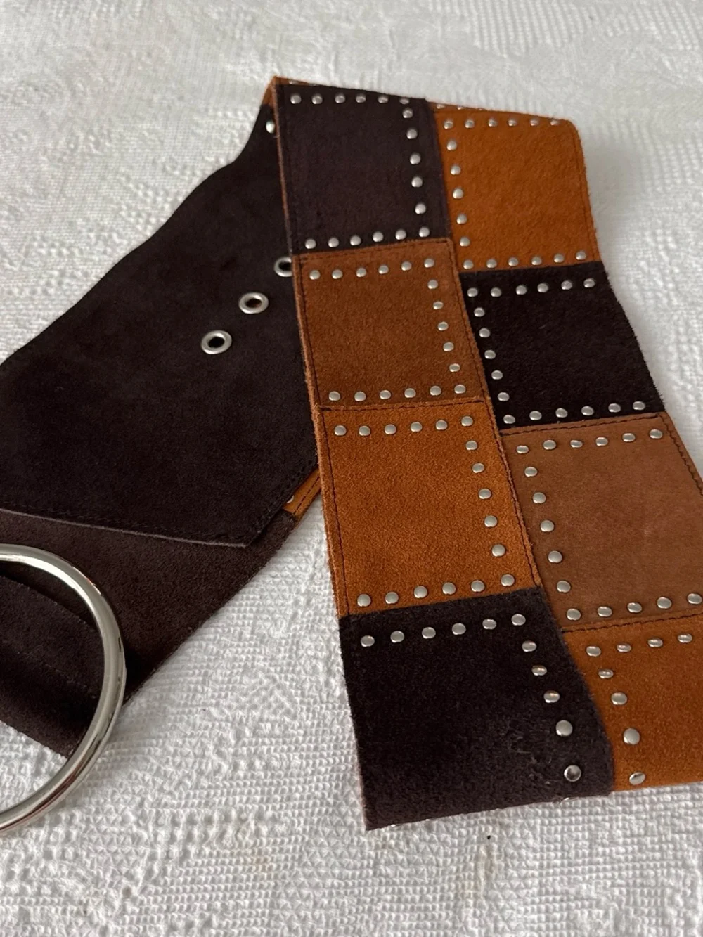Michael Kors Studded Patchwork Wide Leather Belt - Brown & Tan